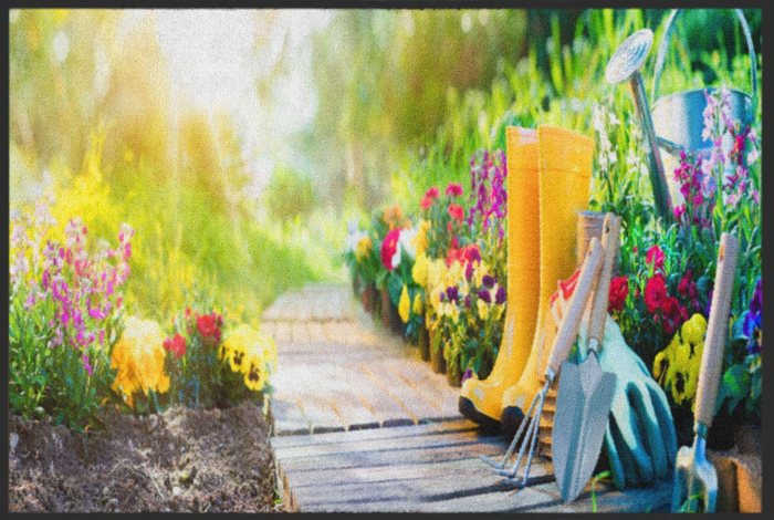 Fußmatte Gartenweg mit gelben Gummistiefeln