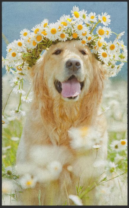 Fußmatte Hund mit Blumenkranz
