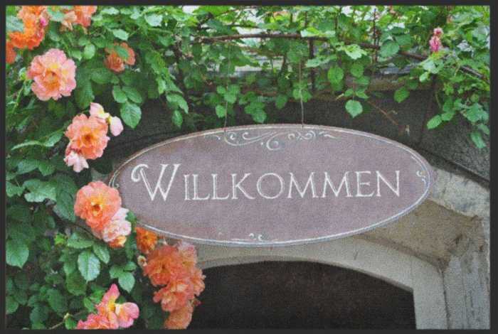 Fußmatte „Willkommen“ mit Rosenbogen